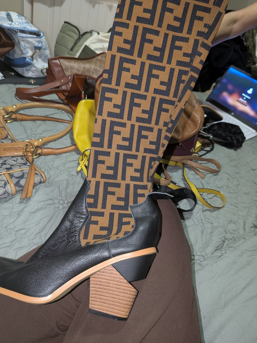 Fendi Brown/Black FF Logo Knee-High Boot